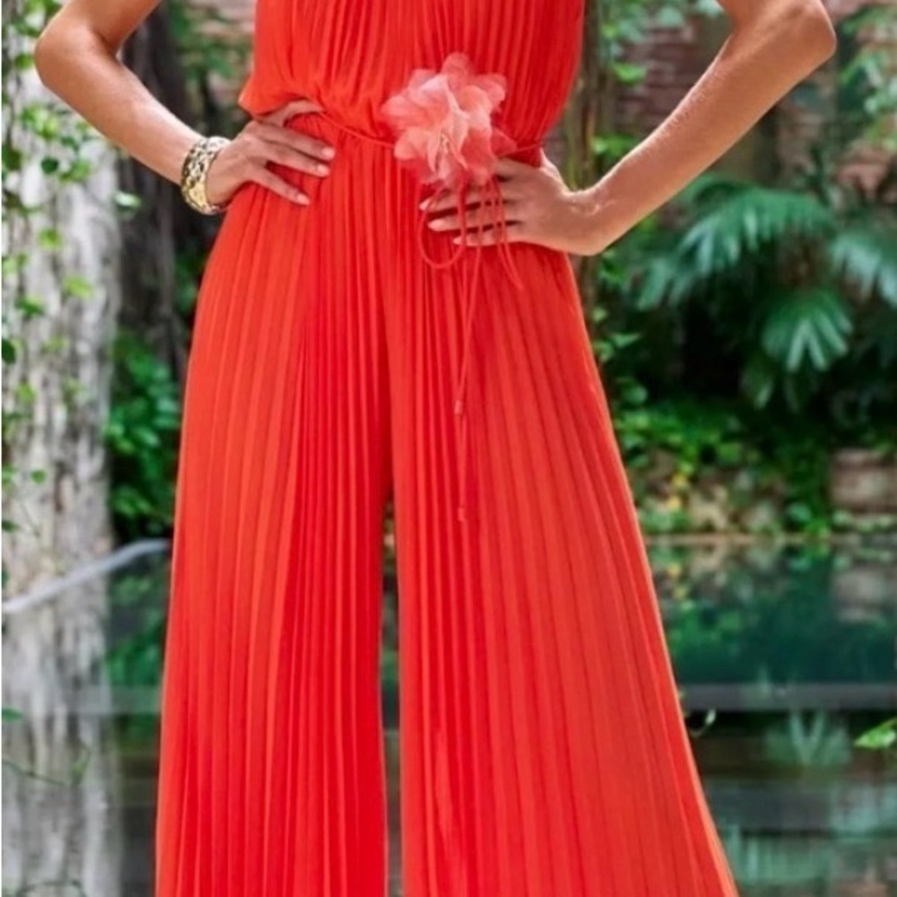 Boston Proper Bold Orange Pleated Jumpsuit Size 18 EUC